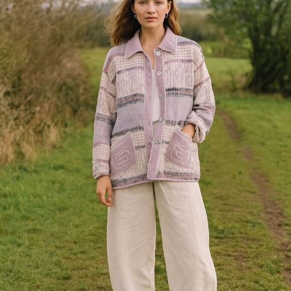 Patchwork Handmade Jacket Women's Size Large Boho Quilt Cluttercore Lavender - Picture 1 of 7